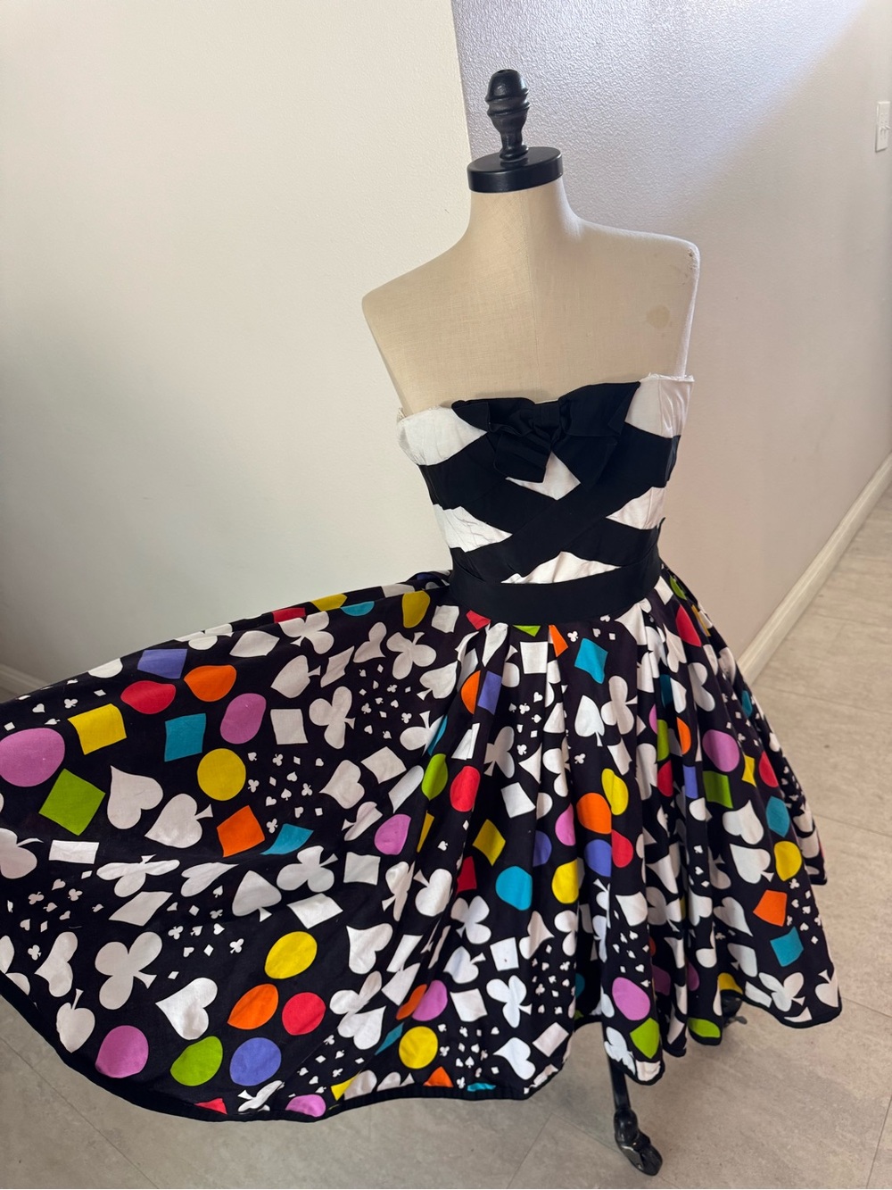 Victor Costa Black Strapless Dress with Multicolor Shapes RARE